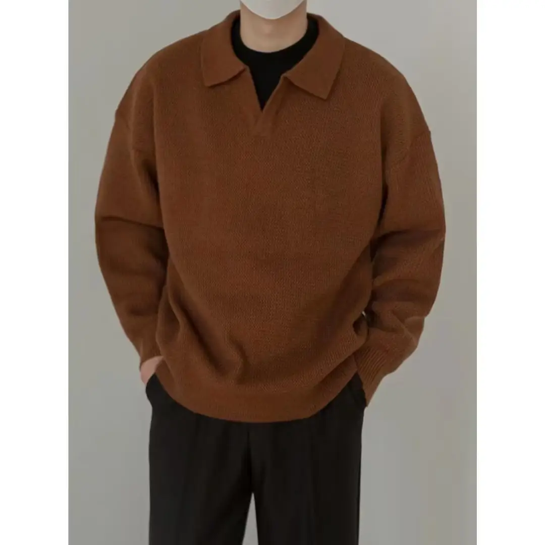 Men's Brown V-Neck Lapel Sweater Loose Fit — feature 35