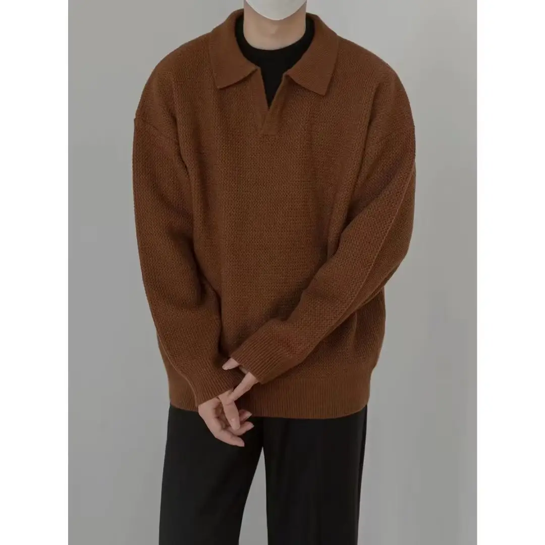 Men's Brown V-Neck Lapel Sweater Loose Fit — feature 36