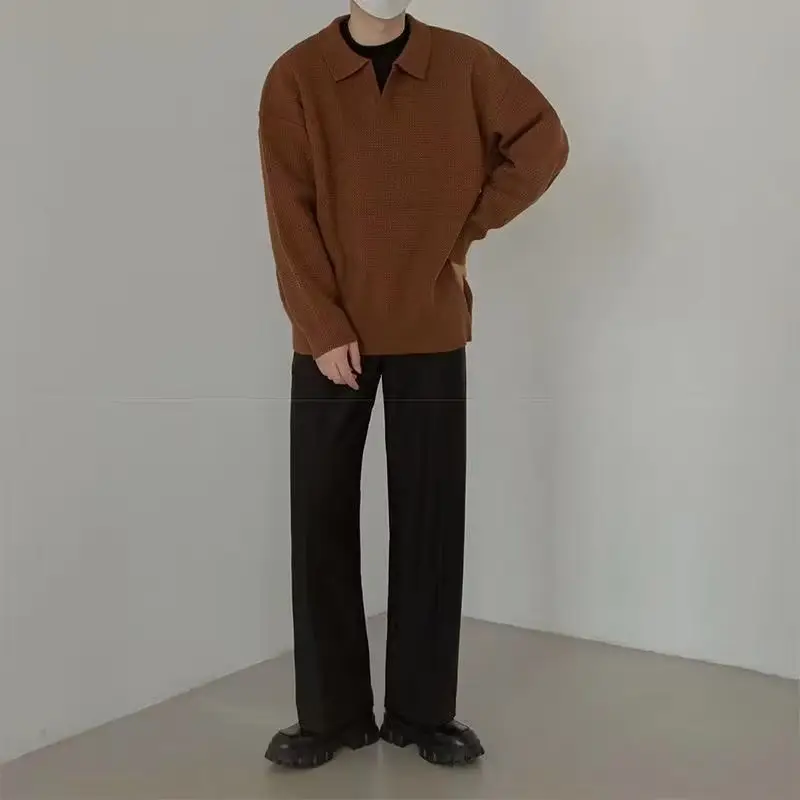 Men's Brown V-Neck Lapel Sweater Loose Fit — feature 37