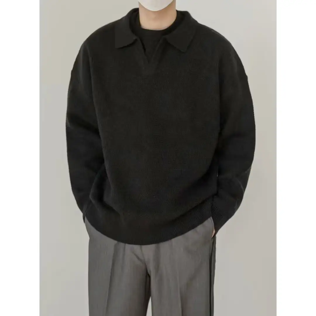 Men's Brown V-Neck Lapel Sweater Loose Fit — feature 38