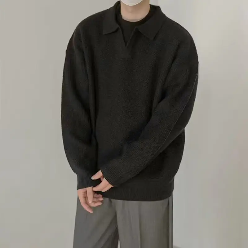 Men's Brown V-Neck Lapel Sweater Loose Fit — feature 39