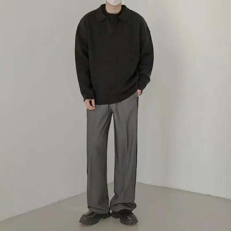 Men's Brown V-Neck Lapel Sweater Loose Fit — feature 40