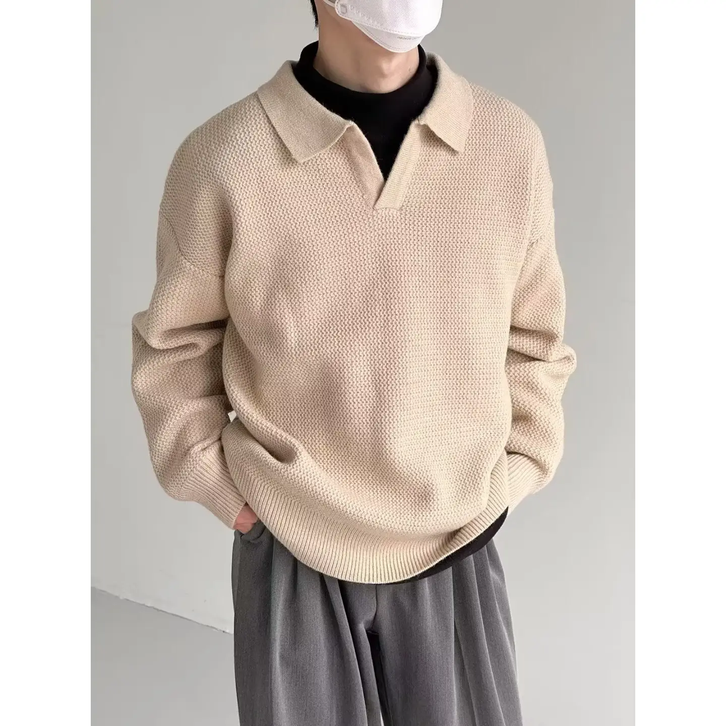 Men's Brown V-Neck Lapel Sweater Loose Fit - Image 3