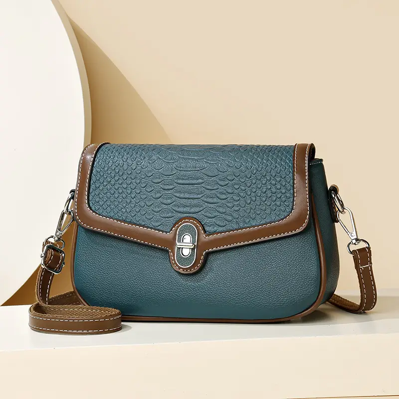 Women's Croc Leather Shoulder Bag Teal Brown - Image 6