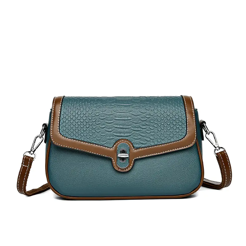 Women's Croc Leather Shoulder Bag Teal Brown - Image 9