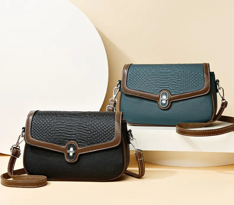Women's Croc Leather Shoulder Bag Teal Brown — feature 4