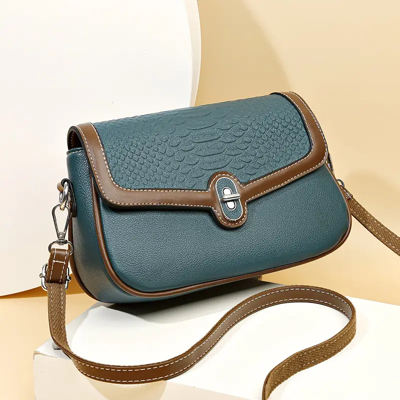 Women's Croc Leather Shoulder Bag Teal Brown - Image 4