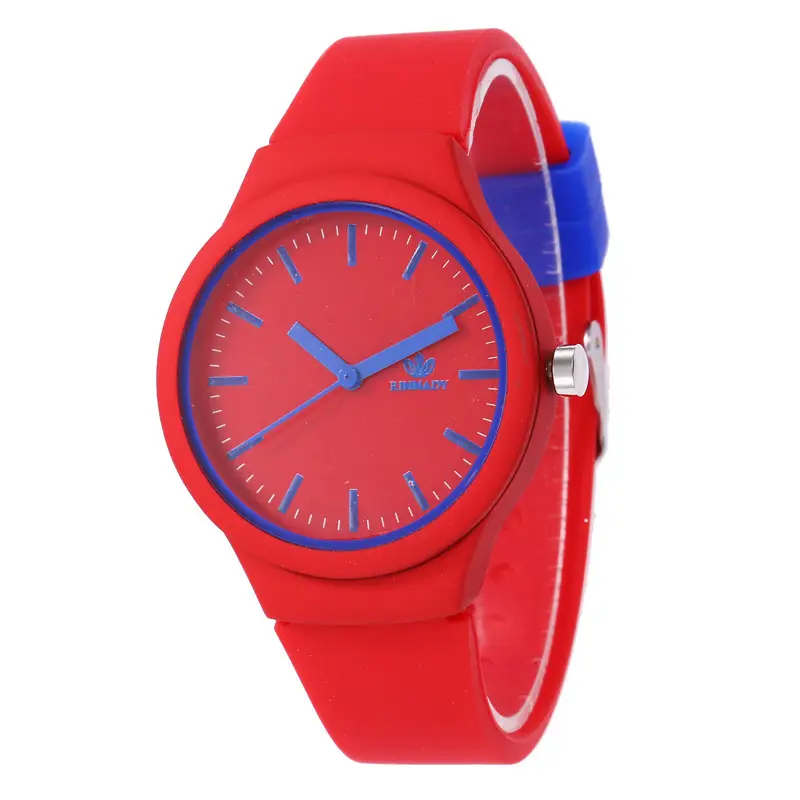Blue Silicone Women's Quartz Watch with Red Strap - Image 2