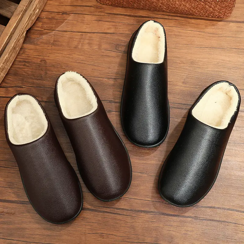 Winter New Home Men's Cotton Shoes Non-slip Soft Sole Leather Waterproof Men's Shoes Indoor Warm fleece-lined Cotton Slippers