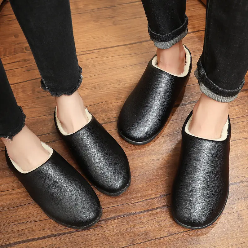 Winter New Home Men's Cotton Shoes Non-slip Soft Sole Leather Waterproof Men's Shoes Indoor Warm fleece-lined Cotton Slippers