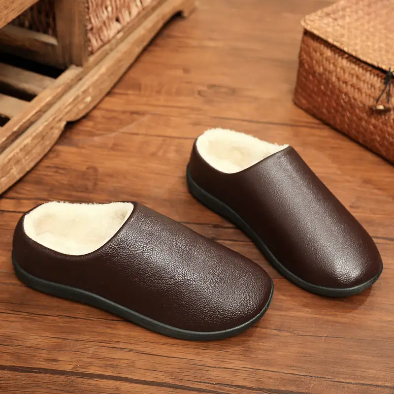 Winter New Home Men's Cotton Shoes Non-slip Soft Sole Leather Waterproof Men's Shoes Indoor Warm fleece-lined Cotton Slippers