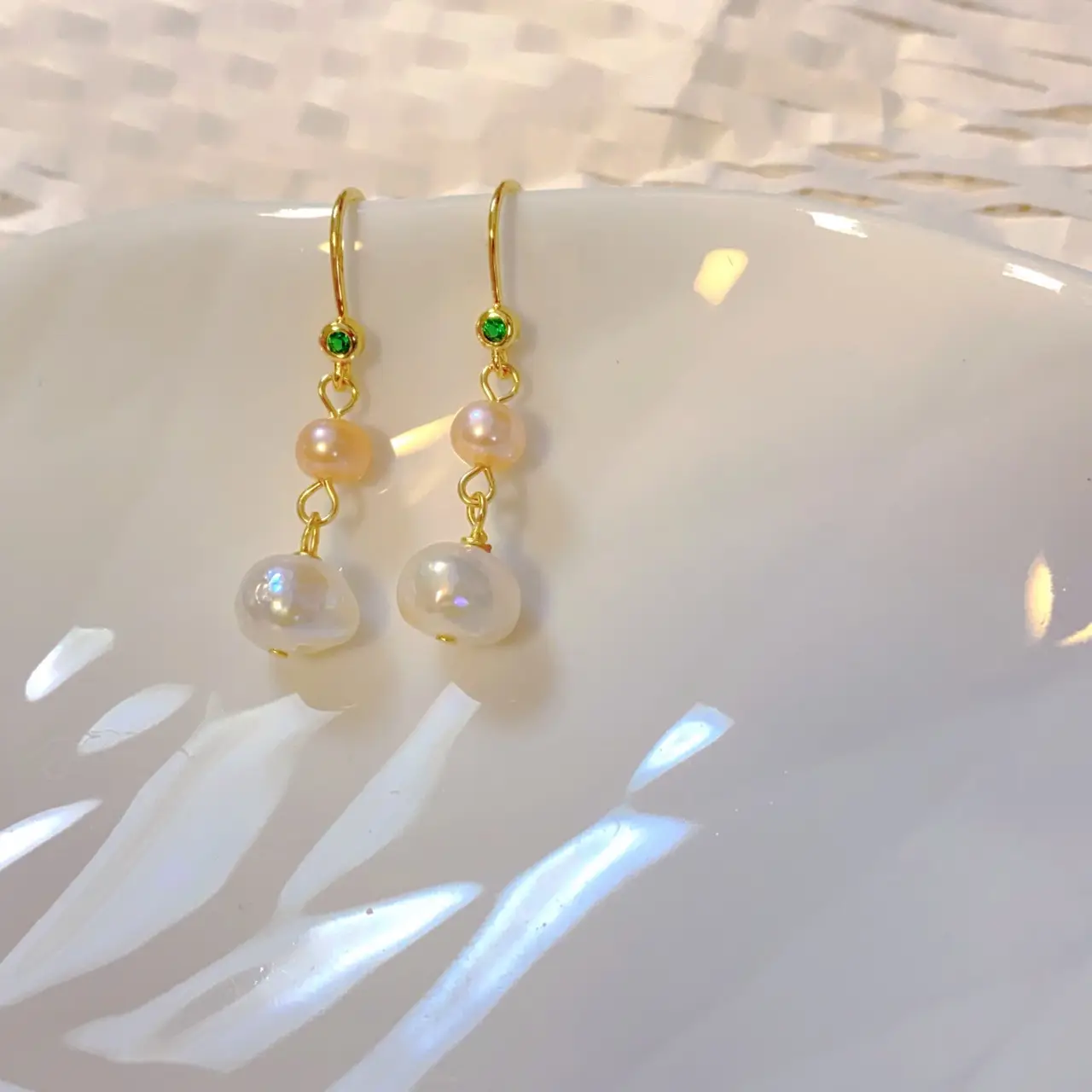 Elegant Pearl Ear Hooks with Emerald Green Accents - Image 2