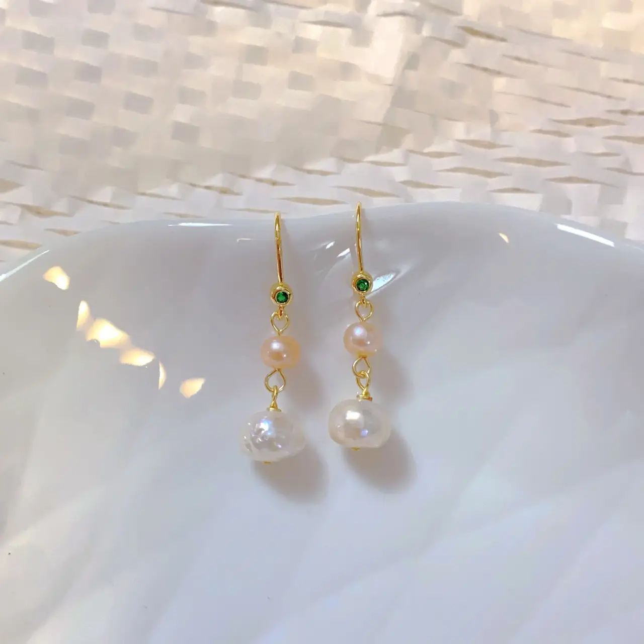 Elegant Pearl Ear Hooks with Emerald Green Accents - Image 3