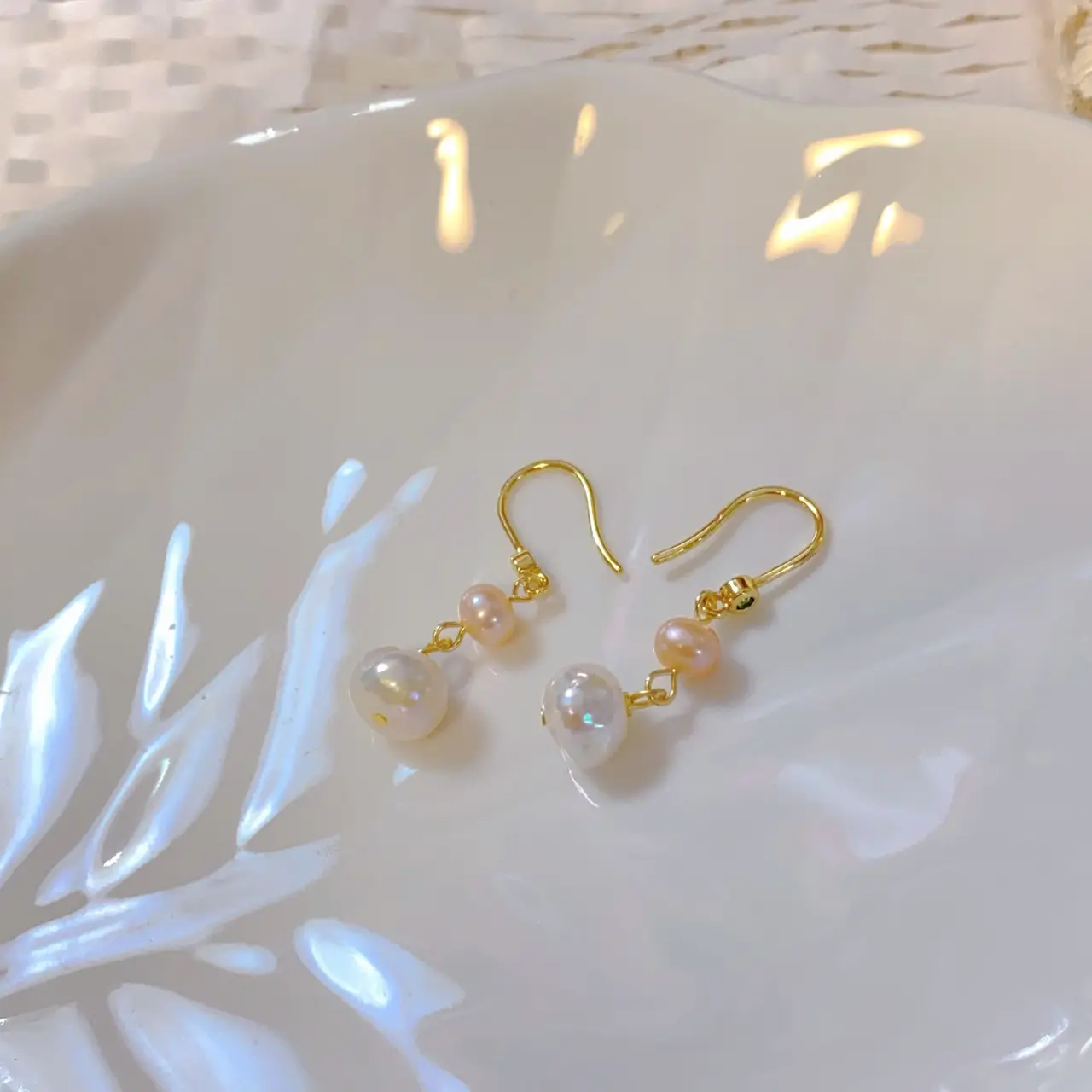 Elegant Pearl Ear Hooks with Emerald Green Accents - Image 4