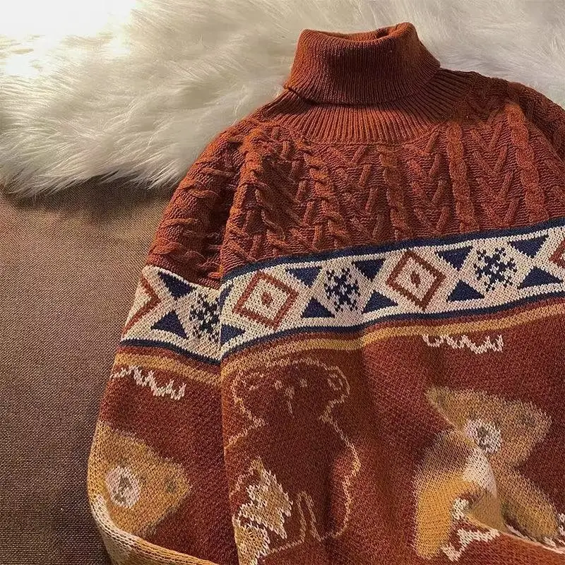 Winter Turtleneck Sweater for Men Women Brown Bear Print - Image 4
