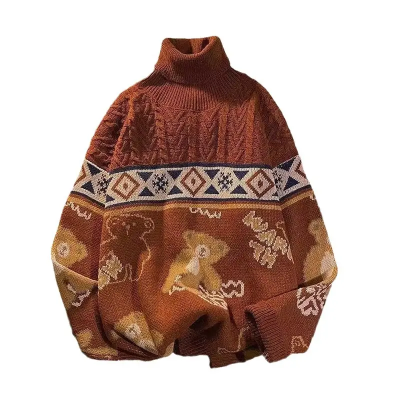 Winter Turtleneck Sweater for Men Women Brown Bear Print - Image 6