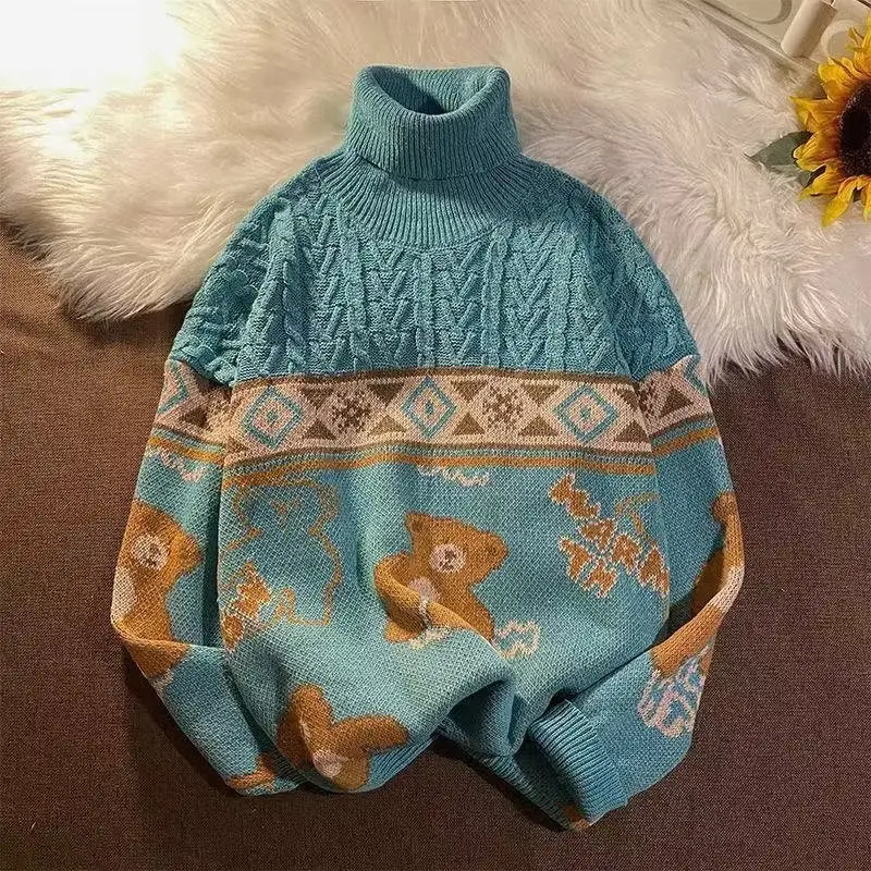 Winter Turtleneck Sweater for Men Women Brown Bear Print — feature 9