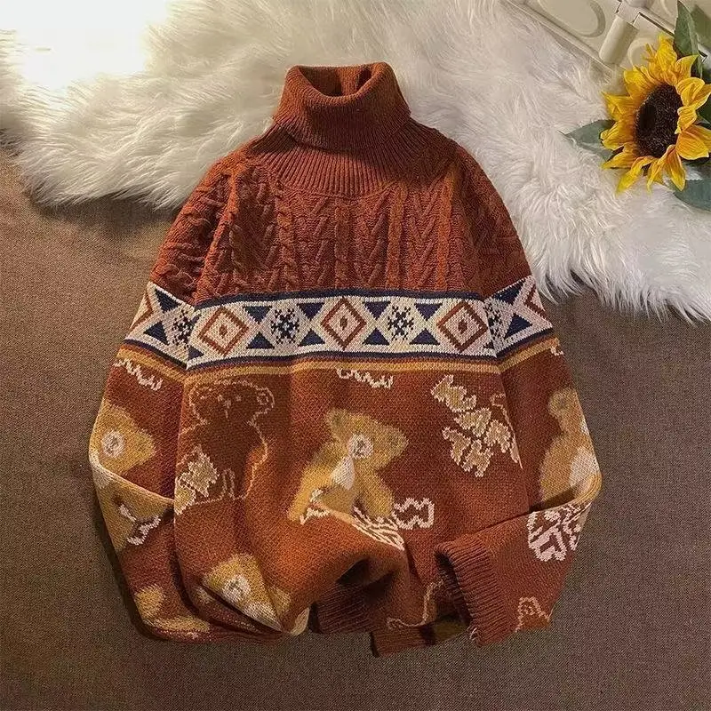 Winter Turtleneck Sweater for Men Women Brown Bear Print — feature 8