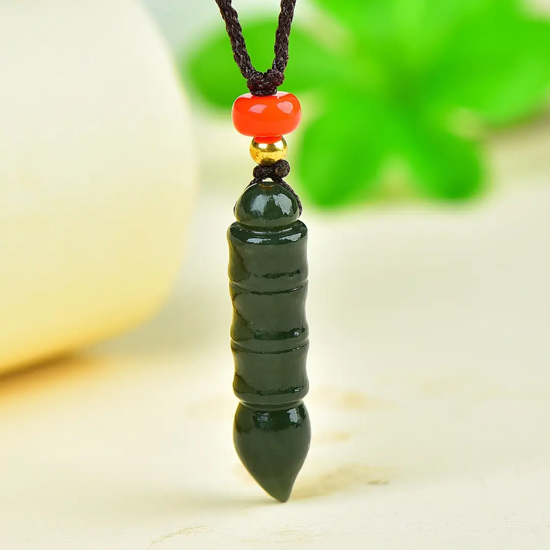 Hetian Jade Wenchang Pen Necklace with Red Bead