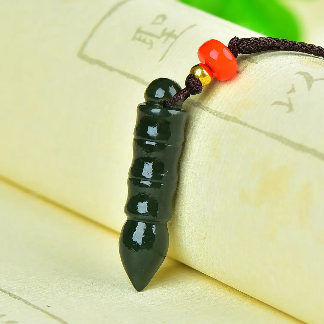 Hetian Jade Wenchang Pen Necklace with Red Bead