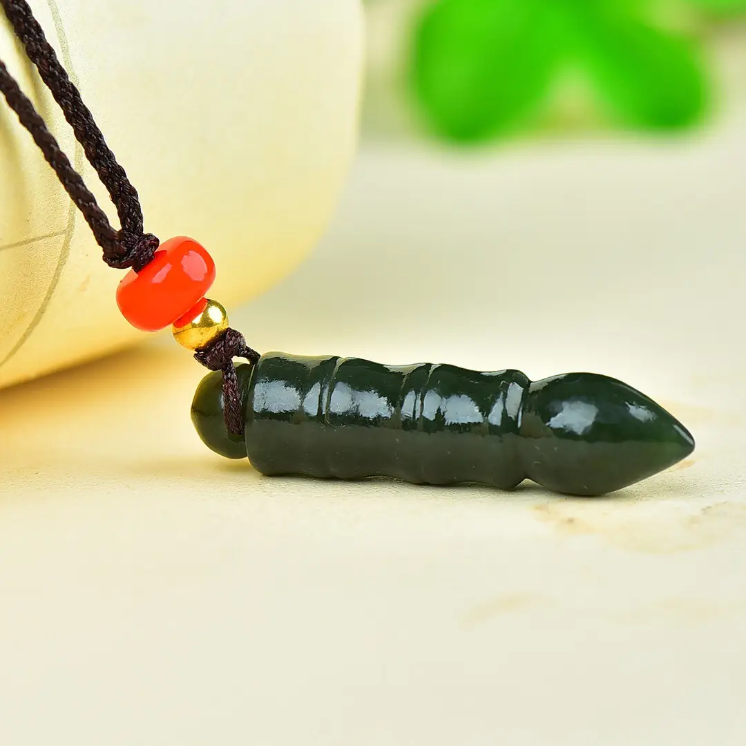 Hetian Jade Wenchang Pen Necklace with Red Bead