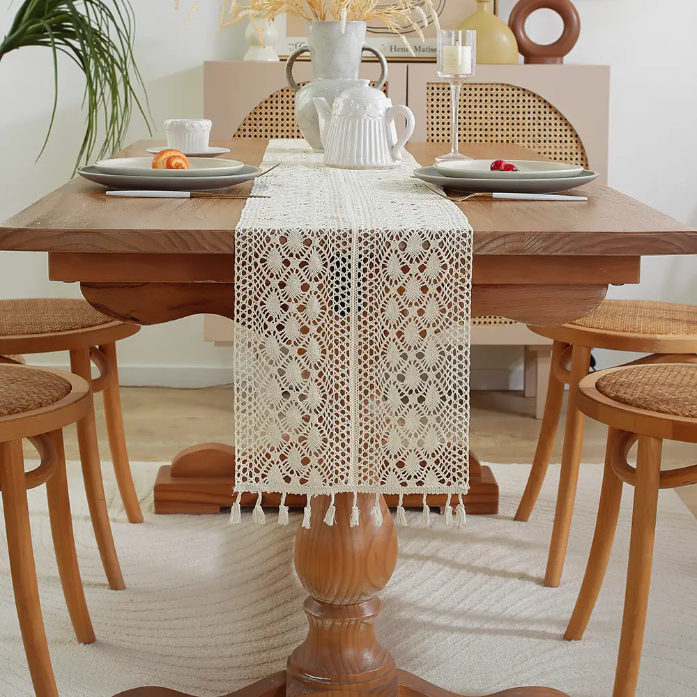 American Country Table Runner Hollow Vintage Cotton Crochet Table Runner Lace Tablecloth Sen Style TV Cabinet Coffee Table Cover Towel