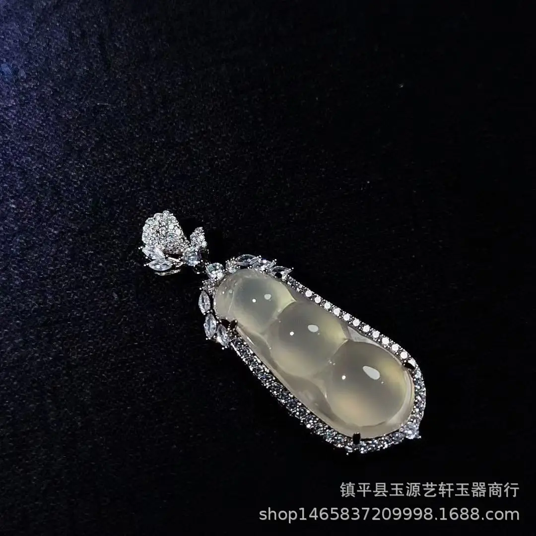 Madagas High Ice White Chalcedony 925 Silver Plated Inlaid Bean Pendant with Agate Buddha Jade Gourd Hanging - Image 3