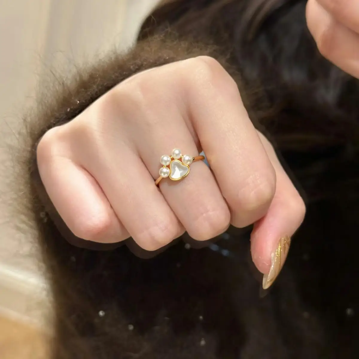 Natural Pearl Ring with Gold Plated Cat Claw Design - Image 5