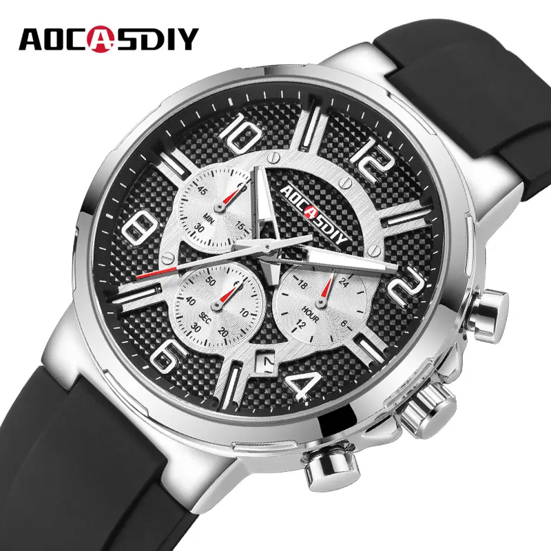 AOCASDIY Men's Chronograph Quartz Watch Black Silicone Strap - Image 6