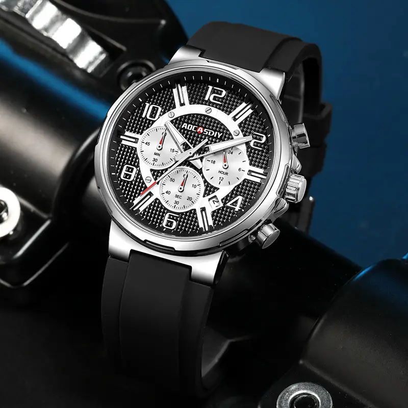 AOCASDIY Men's Chronograph Quartz Watch Black Silicone Strap - Image 9