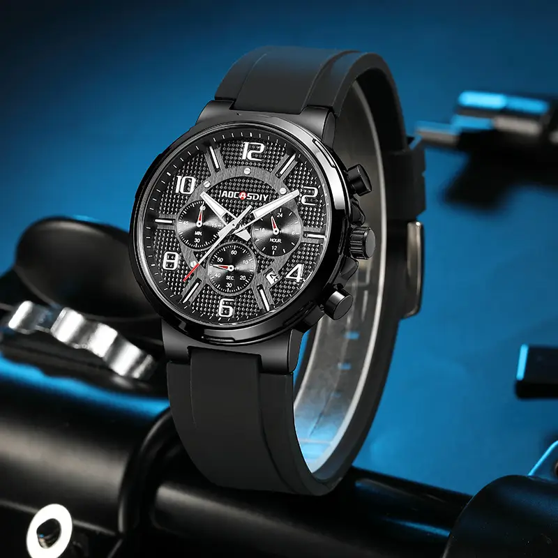 AOCASDIY Men's Chronograph Quartz Watch Black Silicone Strap — feature 19