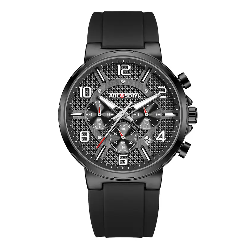AOCASDIY Men's Chronograph Quartz Watch Black Silicone Strap - Image 2