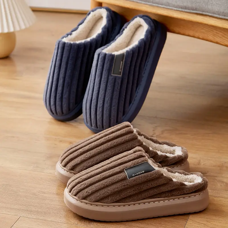 Plus size slippers with shit feeling Men's thick bottom household non-slip autumn and winter plus size thermal plush cotton slippers men's