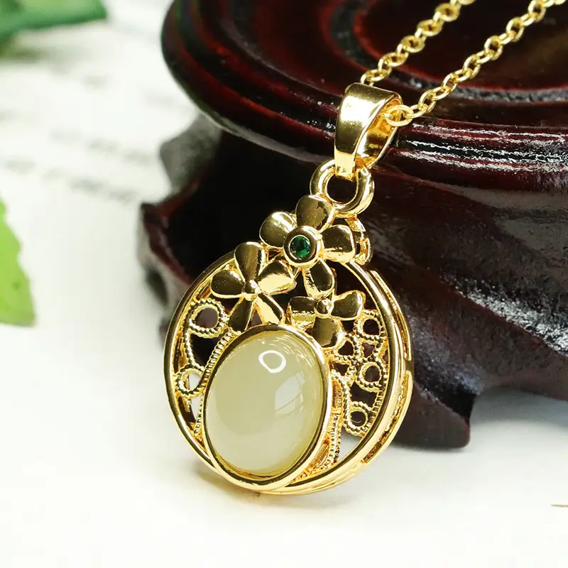 Aiyu Hollow Flower Jade Necklace with Gold Chain