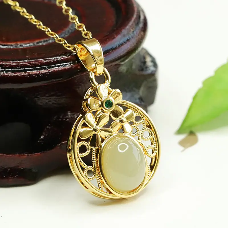 Aiyu Hollow Flower Jade Necklace with Gold Chain