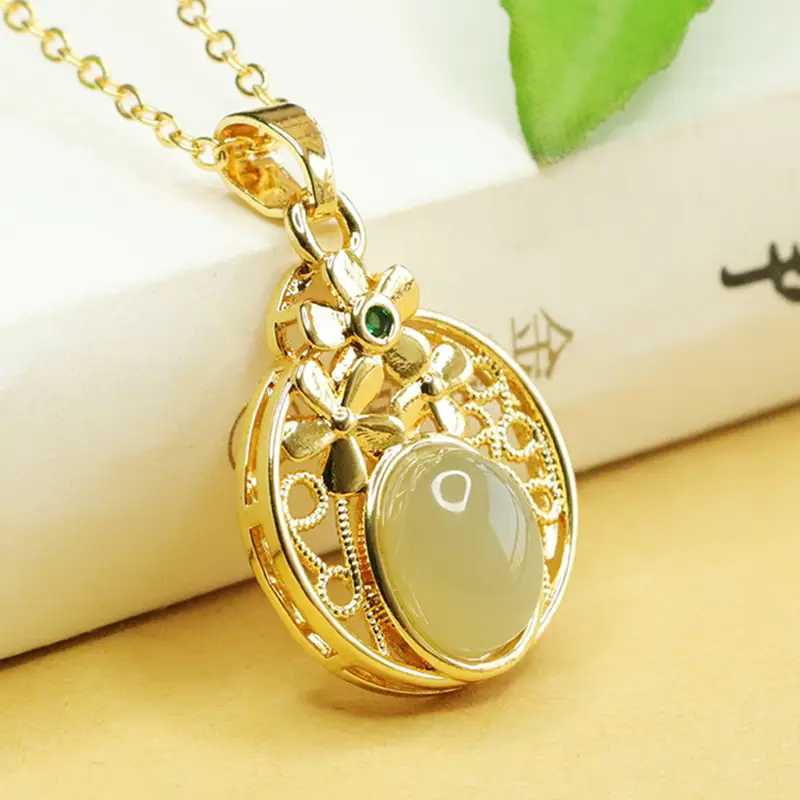Aiyu Hollow Flower Jade Necklace with Gold Chain — feature 11