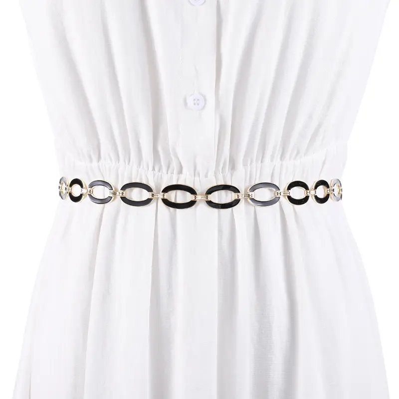 Women's White Dress with Oval Ring Waist Belt - Image 2