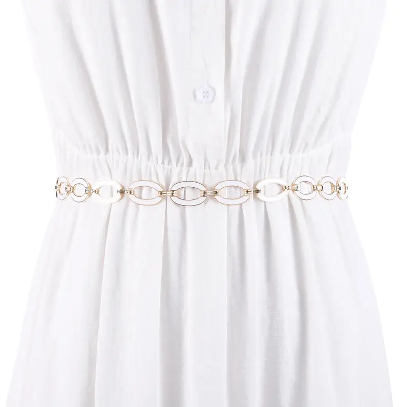 Women's White Dress with Oval Ring Waist Belt - Image 3
