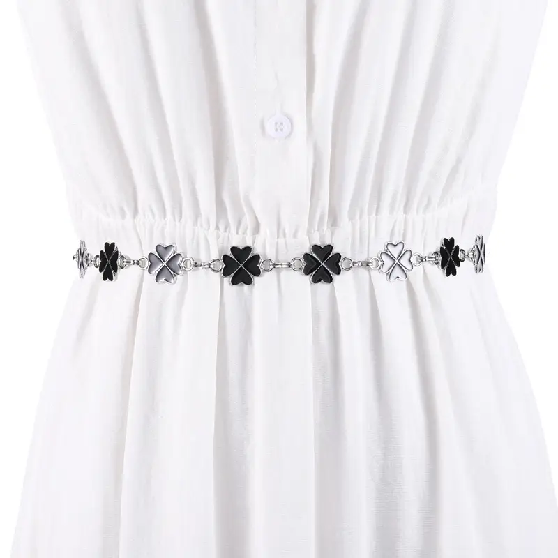 Women's White Clover Hook Waist Belt with Chain Decoration