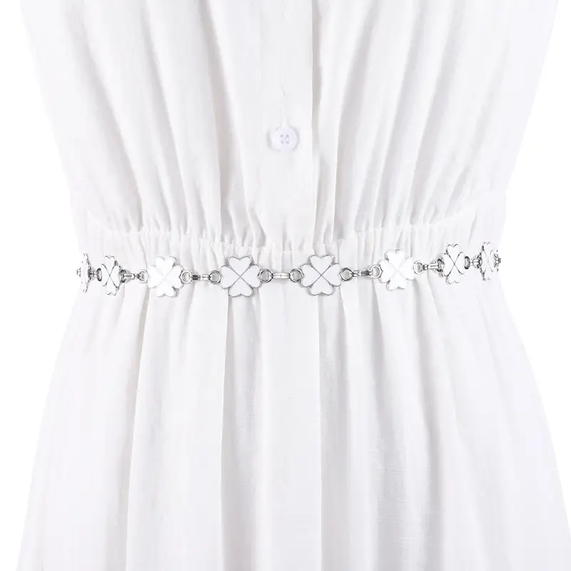 Women's White Clover Hook Waist Belt with Chain Decoration