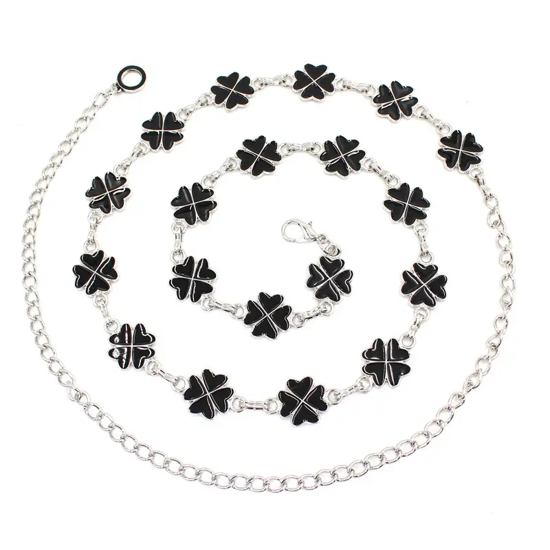 Women's White Clover Hook Waist Belt with Chain Decoration
