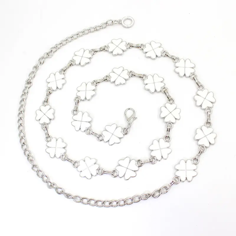 Women's White Clover Hook Waist Belt with Chain Decoration