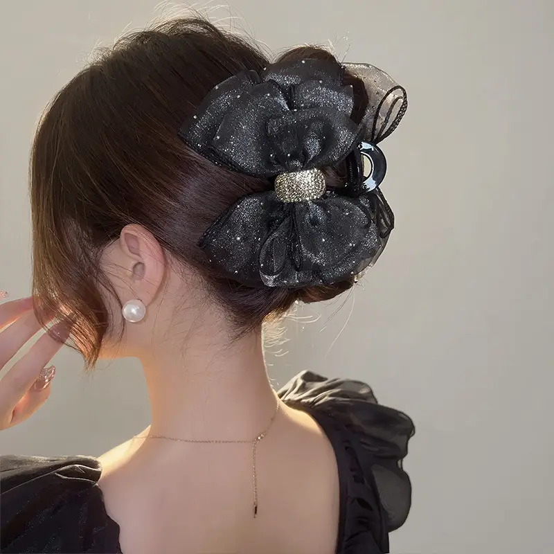 Black Sparkly Bow Hair Clip for Women - Image 4