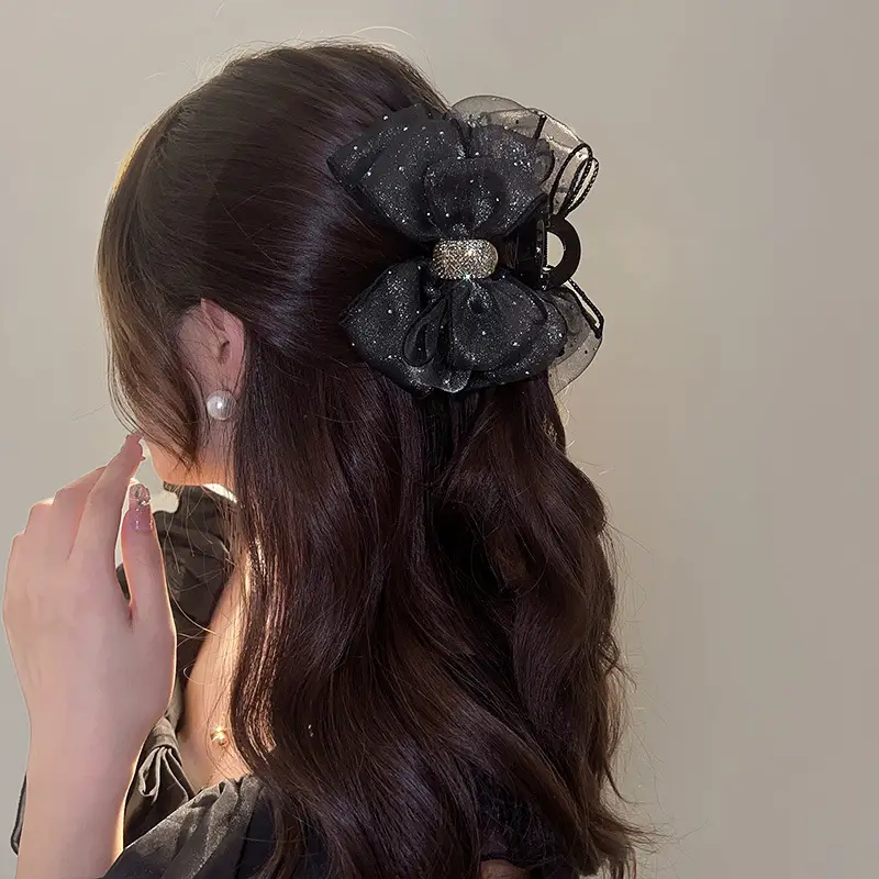 Black Sparkly Bow Hair Clip for Women - Image 5