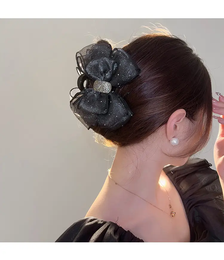 Black Sparkly Bow Hair Clip for Women — feature 5