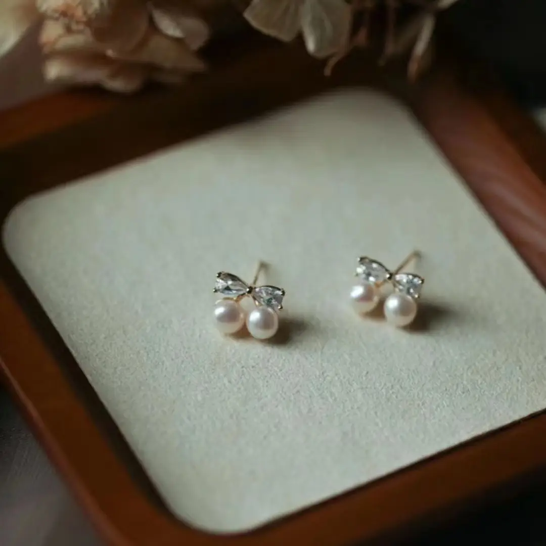 S925 Silver Bow Earrings with Pearl Accents