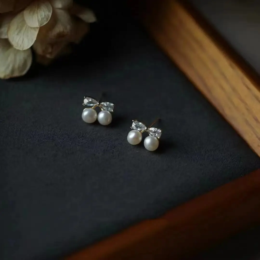 S925 Silver Bow Earrings with Pearl Accents