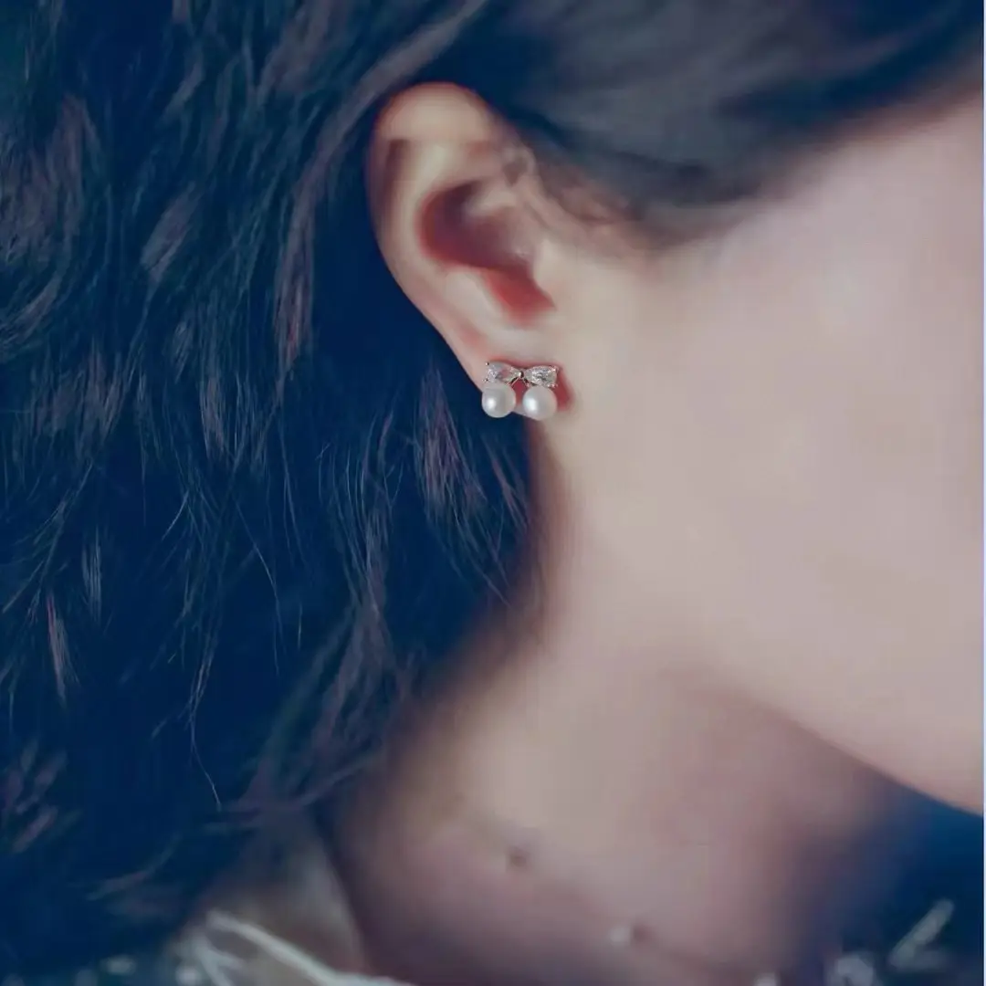 S925 Silver Bow Earrings with Pearl Accents