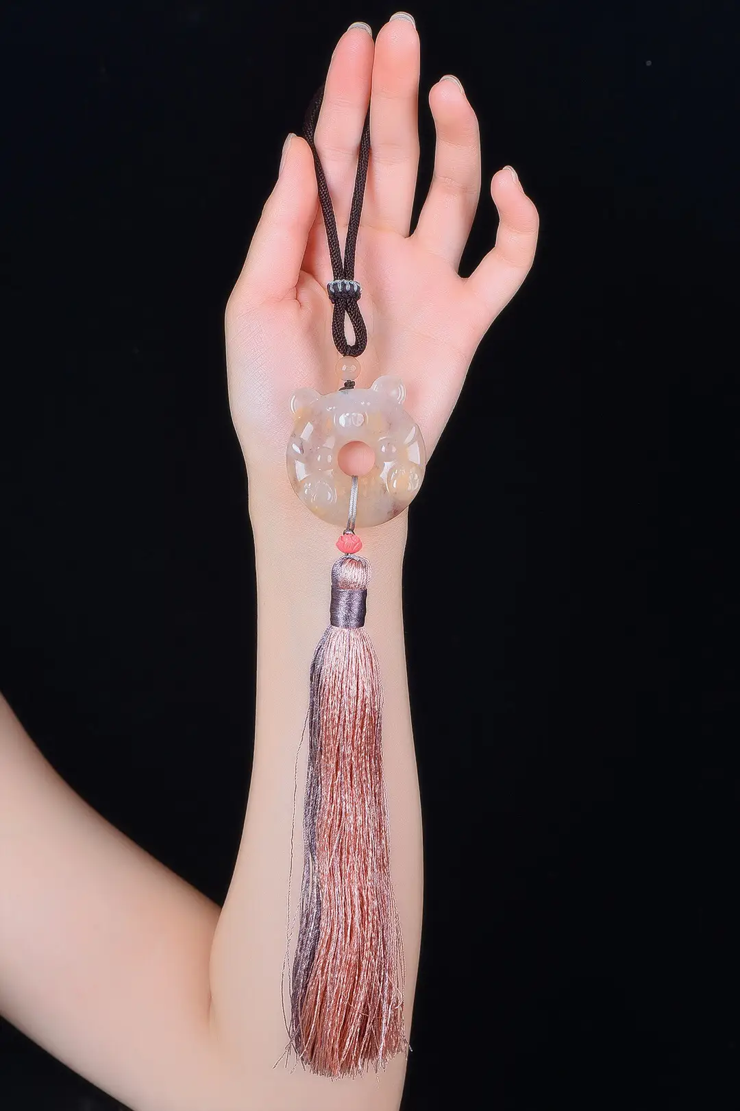 Exquisite Gold Jade Bear Pendant with Tassel - Image 3