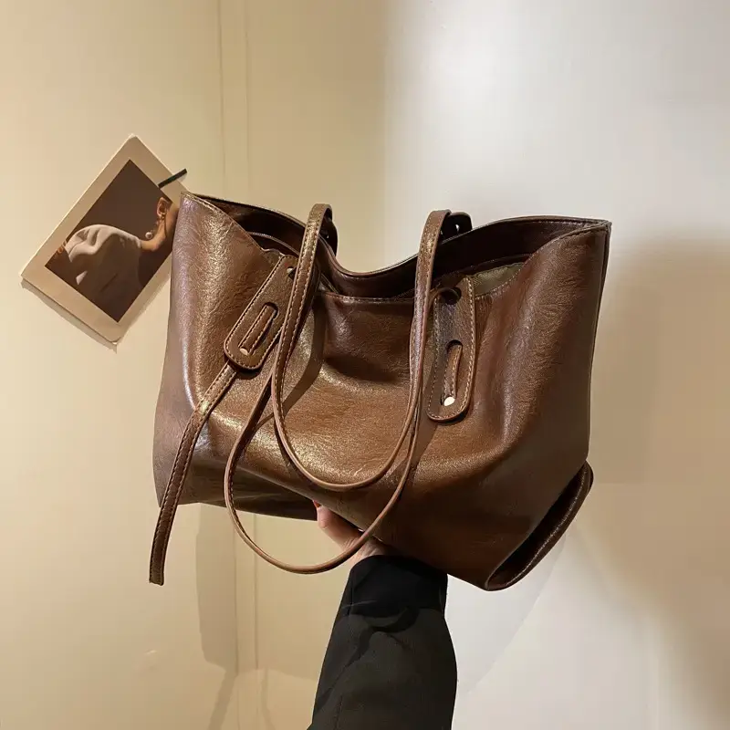 Korean Style Brown Leather Tote Bag for Women - Image 5